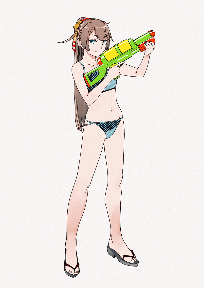 1girl bikini brown_hair grey_background grey_eyes hair_ribbon kantai_collection kazagumo_(kantai_collection) long_hair looking_at_viewer ojipon ponytail ribbon sandals simple_background solo standing striped striped_bikini swimsuit water_gun