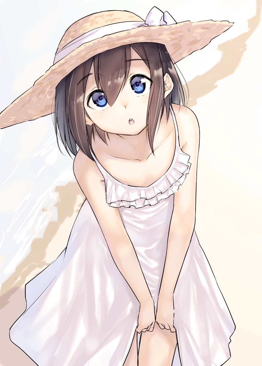 1girl bangs beach blue_eyes bow brown_hair collarbone commentary_request day dress eyebrows_visible_through_hair hair_between_eyes hat hat_bow head_tilt highres leaning_forward looking_at_viewer original outdoors parted_lips round_teeth sand sleeveless sleeveless_dress solo sun_hat suzunari_shizuku teeth upper_teeth v_arms water white_bow white_dress yuki_arare