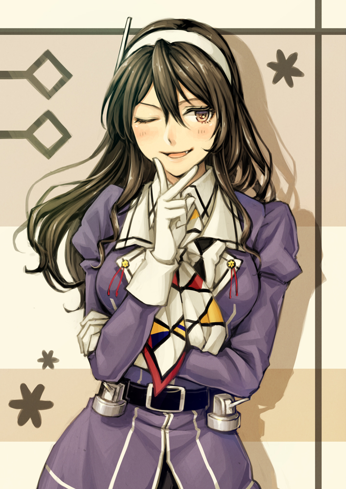 1girl ;d ashigara_(kantai_collection) belt black_skirt brown_eyes brown_hair fang fingers_to_cheek hairband horned_headwear kantai_collection kiiroink long_hair looking_to_the_side one_eye_closed open_mouth remodel_(kantai_collection) scarf skirt smile solo uniform wavy_hair white_hairband