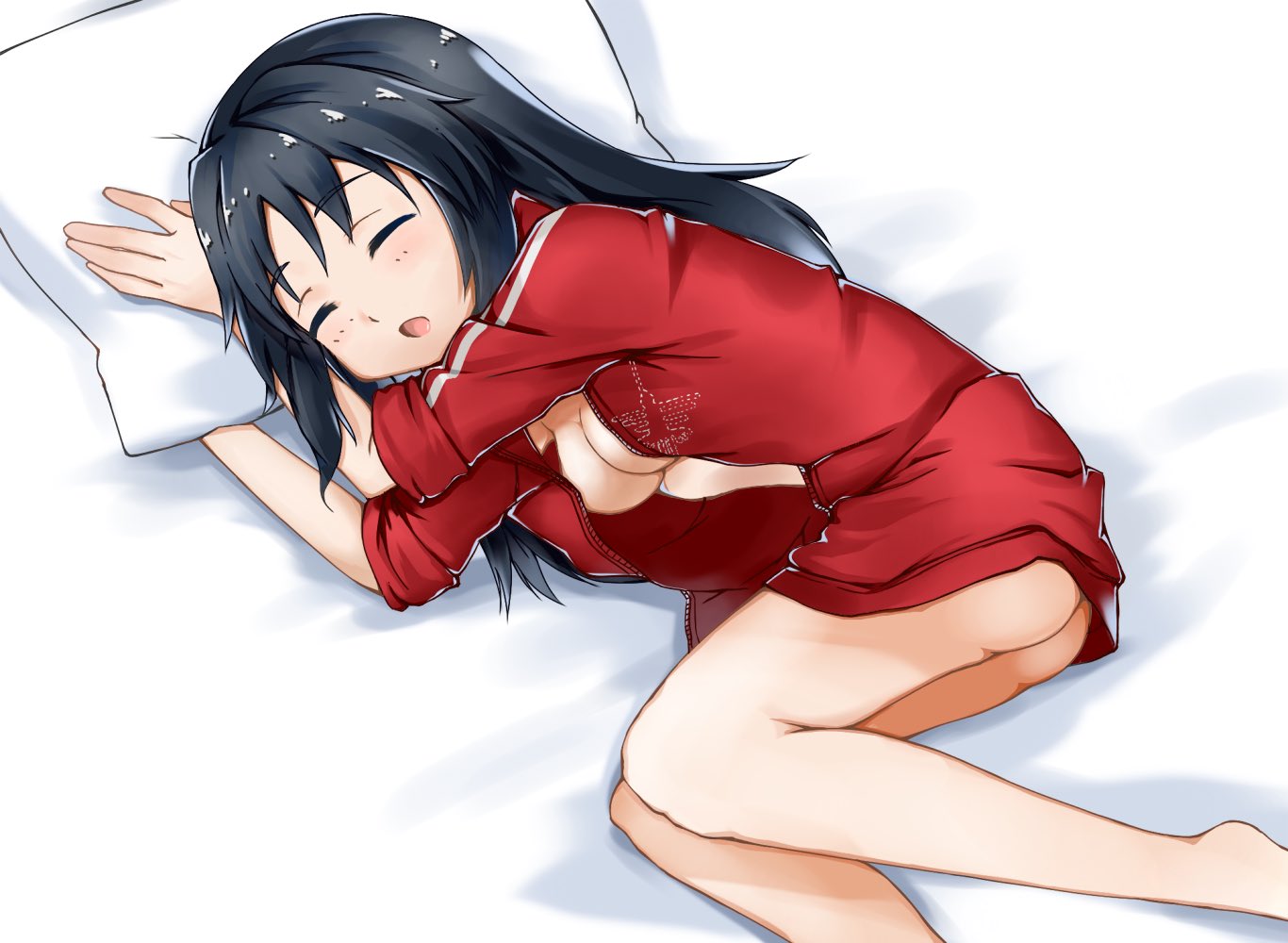 1girl ass bangs bed_sheet blue_hair bottomless breasts cleavage closed_eyes commentary freckles girls_und_panzer jacket long_hair long_sleeves lying medium_breasts naked_coat no_shirt on_bed on_side open_clothes open_jacket open_mouth pillow red_jacket sleeping sleeves_rolled_up solo toon_(noin) track_jacket yamagou_ayumi