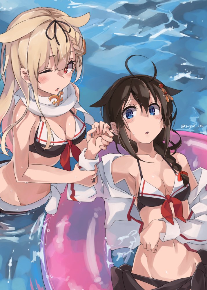 2girls adapted_costume ahoge bikini blonde_hair blue_eyes blush braid brown_hair check_commentary commentary commentary_request hair_between_eyes hair_flaps hair_ornament hair_ribbon innertube kantai_collection long_hair multiple_girls one_eye_closed red_eyes ribbon scarf shigure_(kantai_collection) single_braid sugue_tettou swimsuit yuudachi_(kantai_collection)