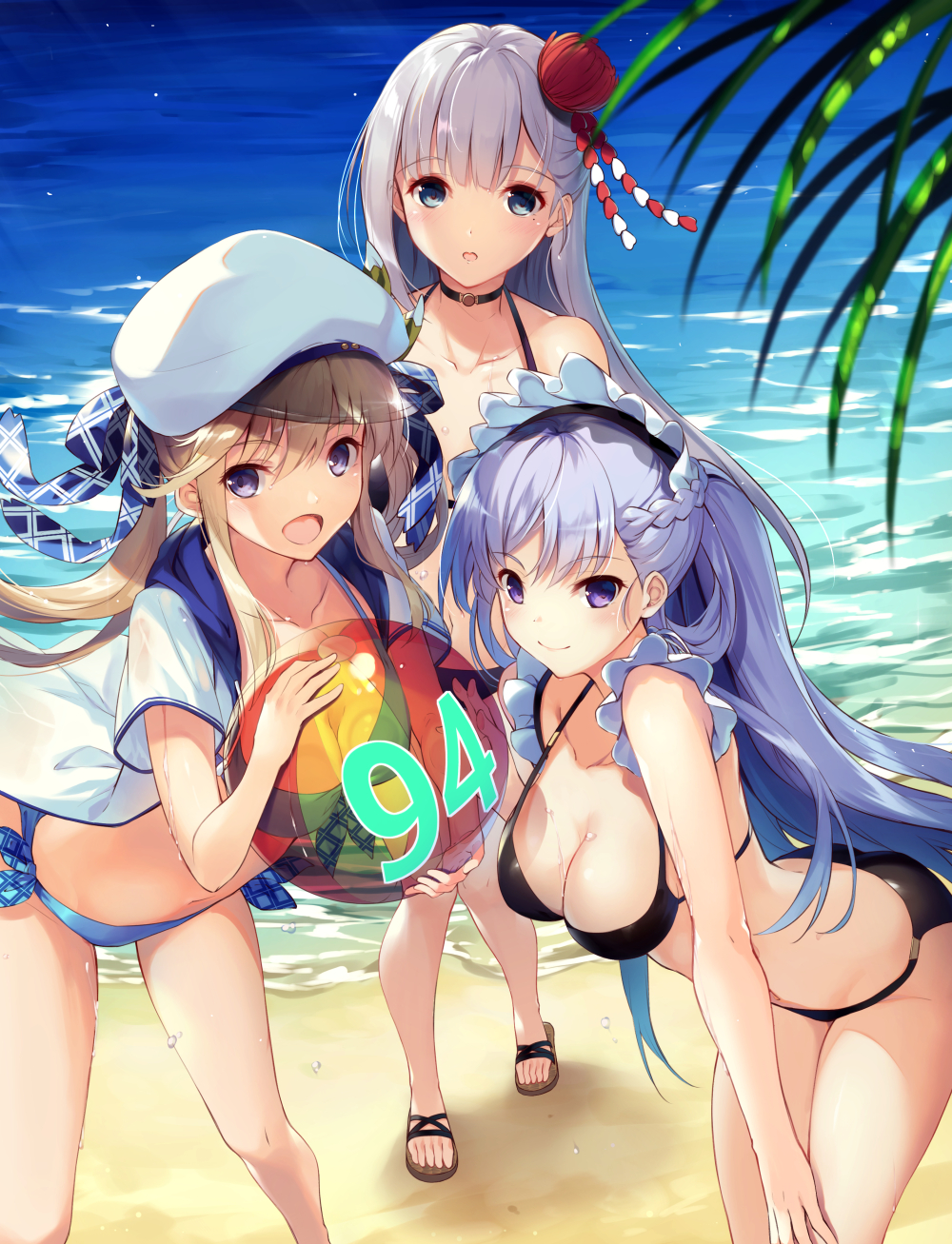 3girls akanebi alternate_costume ass azur_lane ball bangs bare_shoulders beach beachball belfast_(azur_lane) beret bikini black_bikini blonde_hair blue_bikini blue_eyes blue_sky blush braid breasts chains choker cleavage clouds collar collarbone commentary_request cucouroux_(granblue_fantasy) day eyebrows_visible_through_hair french_braid frills granblue_fantasy hair_ornament hair_ribbon hat highres holding holding_ball large_breasts leaning_forward long_hair looking_at_viewer medium_breasts mole mole_under_eye multiple_girls ocean open_mouth outdoors palm_leaf ribbon sand sandals shoukaku_(azur_lane) silver_hair sky smile swimsuit thighs twintails waves