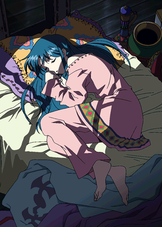 1girl aqua_hair barefoot closed_eyes from_above long_hair long_sleeves lowres lucia_(lunar) lunar lunar_2:_eternal_blue lying official_art on_bed on_side pajamas pillow sleeping solo window_shade