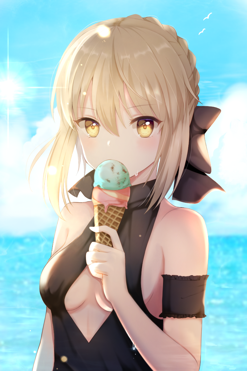 1girl artoria_pendragon_(all) artoria_pendragon_(swimsuit_rider_alter) black_bow blonde_hair blush bow braid breasts center_opening fate/grand_order fate_(series) food french_braid hair_bow highres ice_cream looking_at_viewer medium_breasts ocean one-piece_swimsuit short_hair sky solo swimsuit upper_body water yellow_eyes