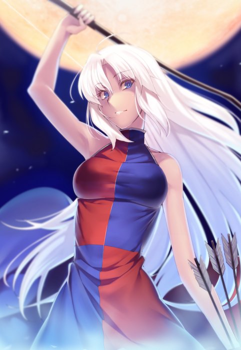 1girl adapted_costume arm_up armpits arrow bare_arms bare_shoulders blue_dress blue_eyes bow_(weapon) breasts commentary_request cowboy_shot dress eyebrows_visible_through_hair full_moon grin holding holding_arrow holding_bow_(weapon) holding_weapon kaiza_(rider000) long_hair medium_breasts moon multicolored multicolored_clothes multicolored_dress night night_sky no_hat no_headwear outdoors parted_lips red_dress silver_hair sky sleeveless sleeveless_dress sleeveless_turtleneck smile solo standing touhou turtleneck very_long_hair weapon yagokoro_eirin