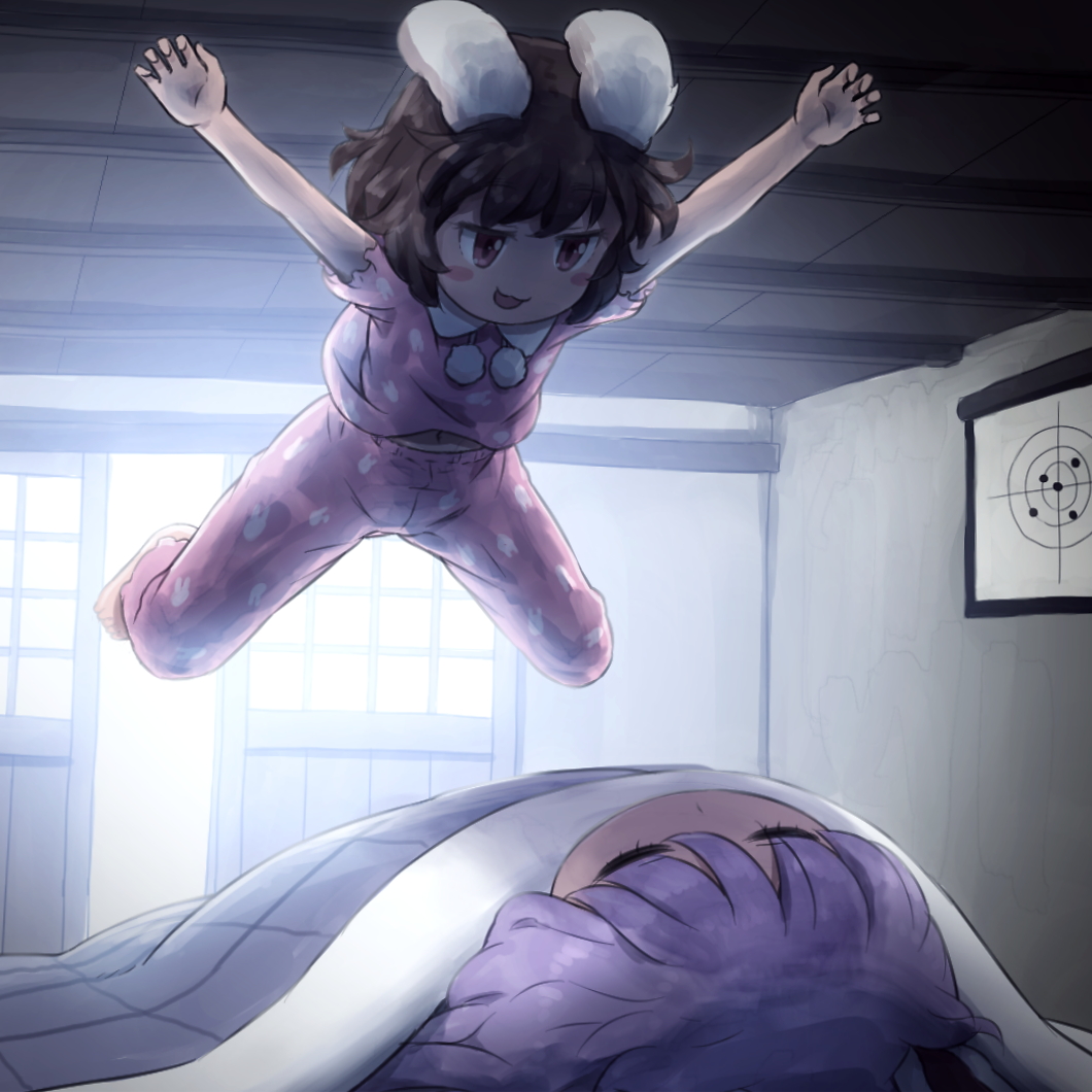 2girls :3 :d animal_ears animal_print bangs blush_stickers brown_eyes brown_hair bunny_print closed_eyes collared_shirt commentary_request day futon inaba_tewi indoors midair multiple_girls open_mouth outstretched_arms pajamas pants pink_pajamas pink_pants pink_shirt pom_pom_(clothes) pouncing print_pants print_shirt purple_hair rabbit_ears reisen_udongein_inaba shirosato shirt short_hair sleeping smile sunlight target touhou under_covers