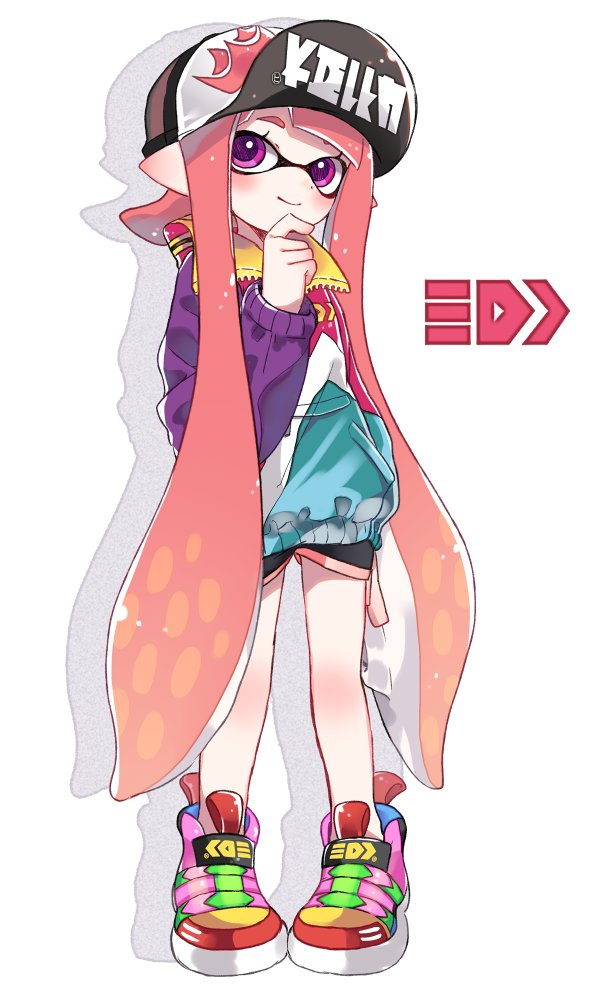 1girl bangs baseball_cap black_hat black_shorts blunt_bangs child closed_mouth commentary domino_mask full_body hand_on_own_chin hat inkling inkling_(language) jacket logo long_hair long_sleeves looking_at_viewer maco_spl mask multicolored multicolored_clothes multicolored_footwear multicolored_jacket pink_hair pointy_ears shadow shoes shorts simple_background smile sneakers solo splatoon splatoon_2 standing tentacle_hair very_long_hair violet_eyes white_background