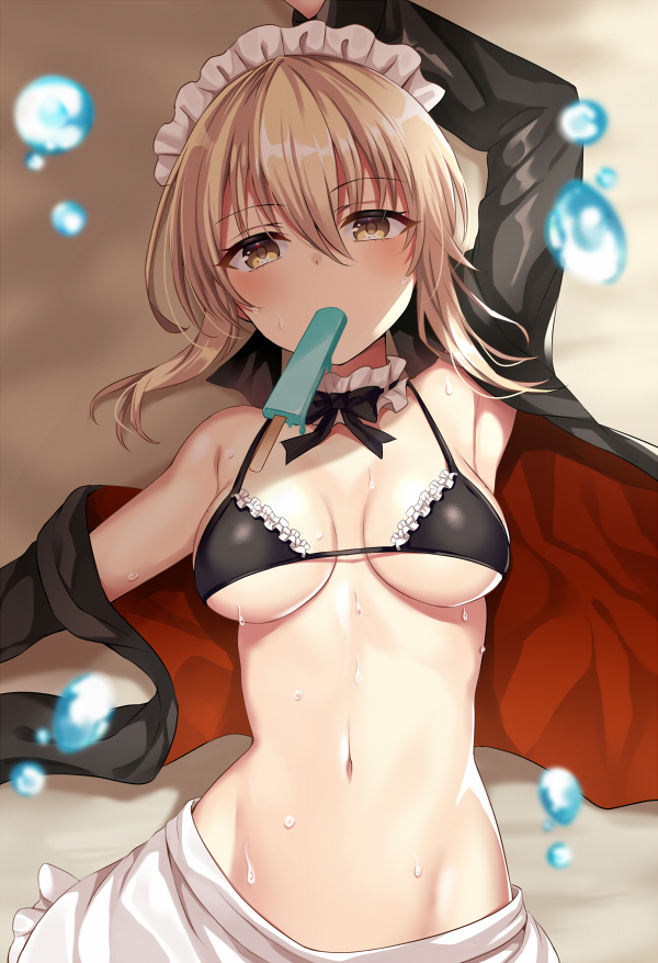 1girl apron armpits artoria_pendragon_(all) artoria_pendragon_(swimsuit_rider_alter) bangs beach bikini black_bikini blonde_hair blush braid breasts day detached_collar eyebrows_visible_through_hair fate/grand_order fate_(series) food frills groin harimoji jacket looking_at_viewer lying maid_bikini maid_headdress medium_breasts mouth_hold navel on_back open_clothes outdoors popsicle ribbon saber_alter sand shade sidelocks solo stomach sweat swimsuit water_drop yellow_eyes