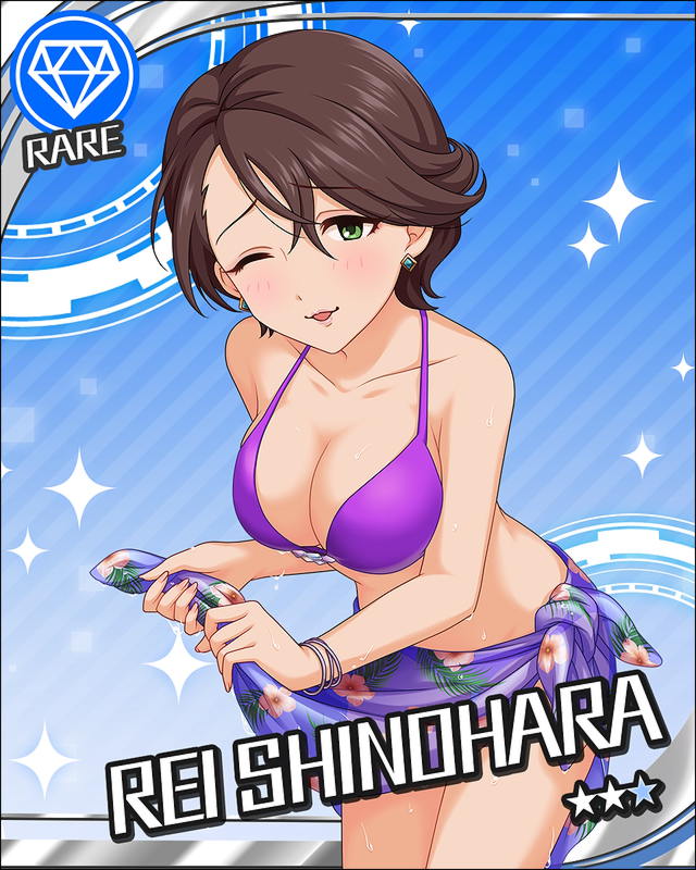 bikini blush brown_eyes brown_hair character_name idolmaster idolmaster_cinderella_girls shinohara_rei short_hair smile stars wink