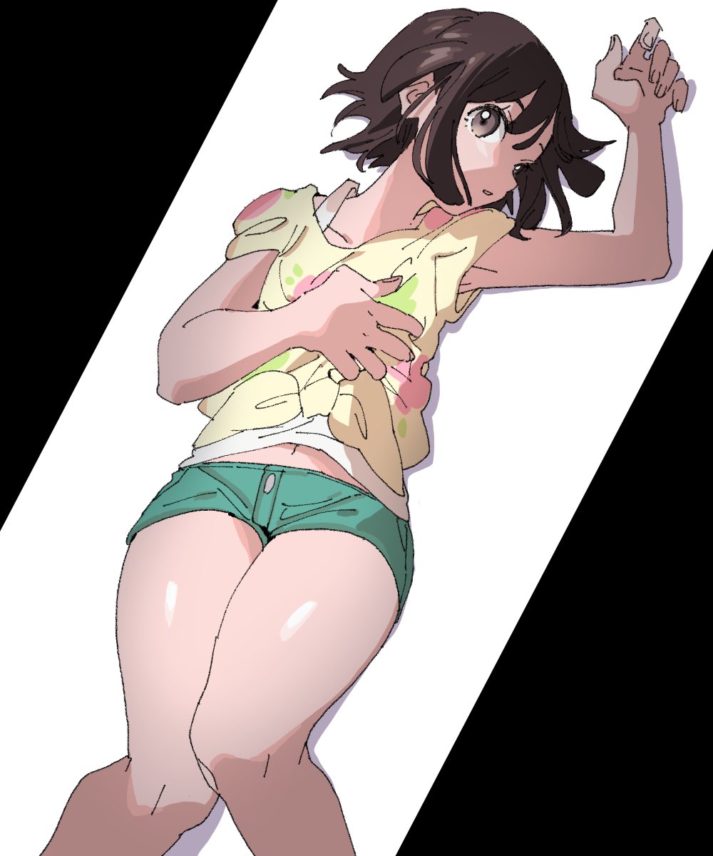 1girl ankea_(a-ramo-do) bare_legs black_hair floral_print green_shorts grey_eyes hand_on_own_chest highres looking_at_viewer lying midriff mizuki_(pokemon) navel on_back open_mouth pokemon pokemon_(game) pokemon_sm shade shirt short_hair shorts simple_background tied_shirt