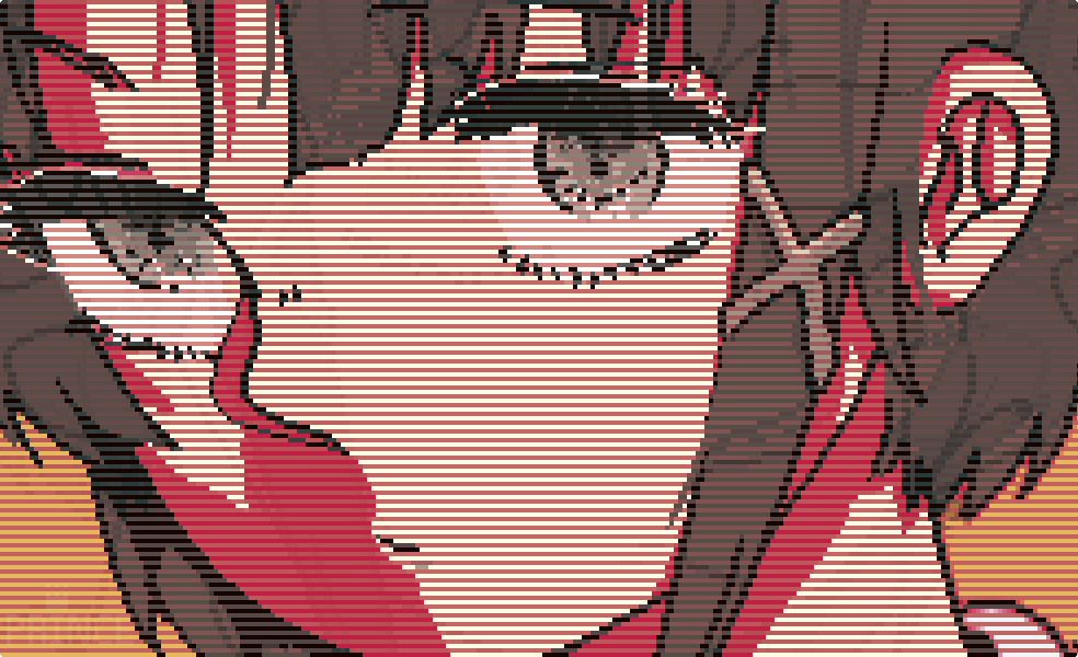 1girl asymmetrical_hair brown_eyes brown_hair close-up hair_ornament hairclip iwakura_lain looking_at_viewer orange_background pixel_art portrait serial_experiments_lain short_hair solo unprince