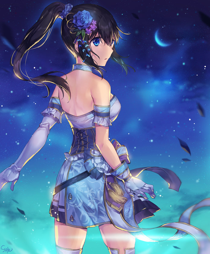 1girl asymmetrical_gloves black_hair blue_eyes commentary_request crescent_moon dress elbow_gloves flower gloves hair_flower hair_ornament hair_scrunchie idolmaster idolmaster_cinderella_girls idolmaster_cinderella_girls_starlight_stage long_hair looking_back moon night night_sky ponytail ribbon sagisawa_fumika scrunchie short_dress signature single_elbow_glove sky solo soriya thigh-highs