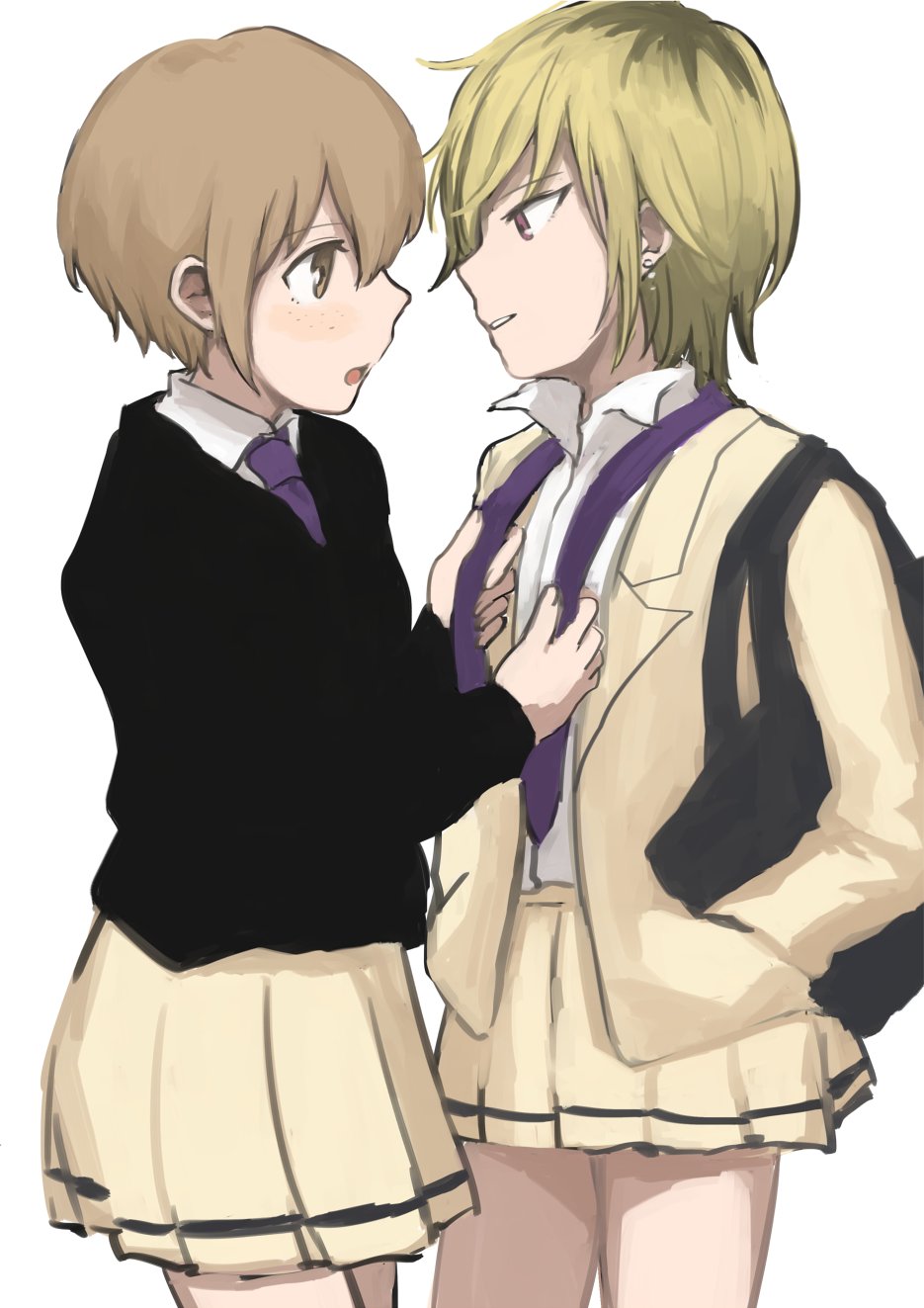 2girls adjusting_clothes adjusting_necktie bag blonde_hair brown_eyes brown_hair chikiso commentary_request earrings face-to-face freckles from_side hands_in_pockets highres jewelry long_sleeves looking_at_another multicolored_hair multiple_girls necktie open_mouth pleated_skirt purple_neckwear school_uniform short_hair skirt tanaka_mako watashi_ga_motenai_no_wa_dou_kangaetemo_omaera_ga_warui! white_background yellow_skirt yoshida_masaki