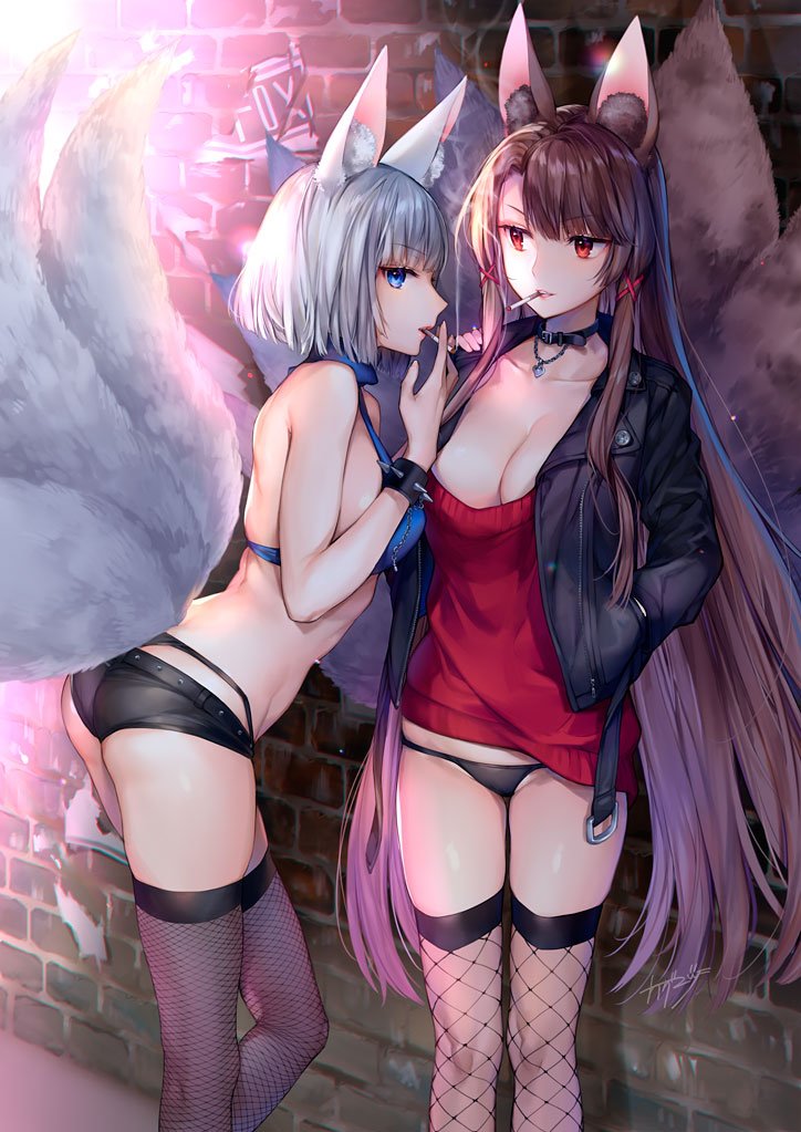 2girls akagi_(azur_lane) alternate_costume animal_ears ass azur_lane bangs belt bikini black_legwear black_panties black_shorts blue_bikini blue_eyes blush breasts brick_wall brown_hair cigarette cleavage collar collarbone eyebrows_visible_through_hair fishnet_legwear fishnets fox_ears fox_tail groin hair_between_eyes hand_on_another's_shoulder hands_in_pocket highleg highleg_panties holding holding_cigarette jacket jewelry kaga_(azur_lane) kaguyuzu large_breasts long_hair looking_at_another looking_at_viewer lowleg lowleg_panties micro_shorts mouth_hold multiple_girls multiple_tails necklace open_clothes open_jacket panties pendant red_eyes short_hair shorts sidelocks smile standing studded_belt sweater swimsuit tail thigh-highs thighs turtleneck underwear white_hair