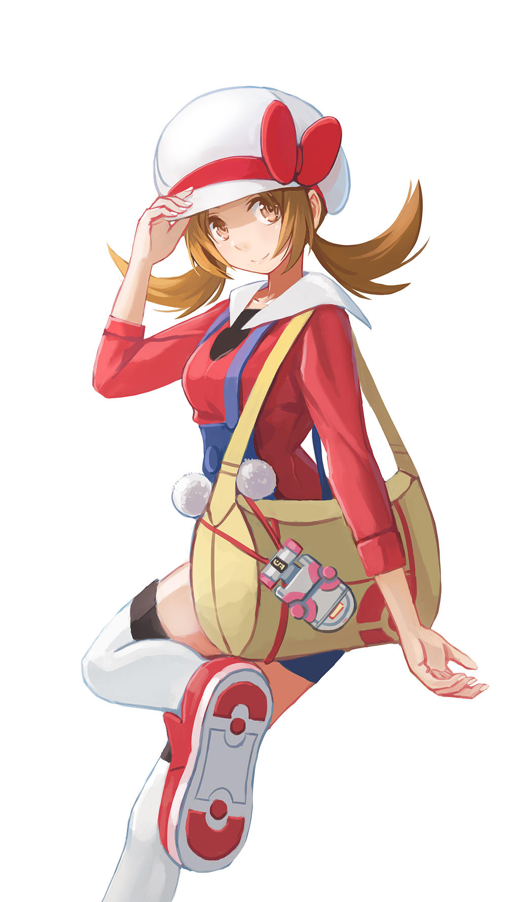 1girl bow brown_eyes brown_hair floating_hair hair_bow hat highres kotone_(pokemon) leg_up long_hair looking_at_viewer pokemon pokemon_(game) pokemon_hgss red_bow red_shirt redpoke shirt simple_background smile solo standing standing_on_one_leg suspenders thigh-highs twintails white_background white_hat white_legwear