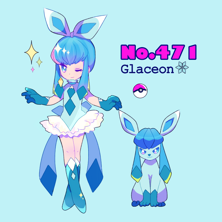 1girl bangs blue_eyes blue_footwear blue_gloves bow character_name earrings english full_body gen_4_pokemon glaceon gloves jewelry light_blue_background long_hair looking_at_viewer mameeekueya moemon one_eye_closed personification poke_ball pokemon pokemon_(creature) pokemon_number shoes simple_background sleeveless smile sparkle wink