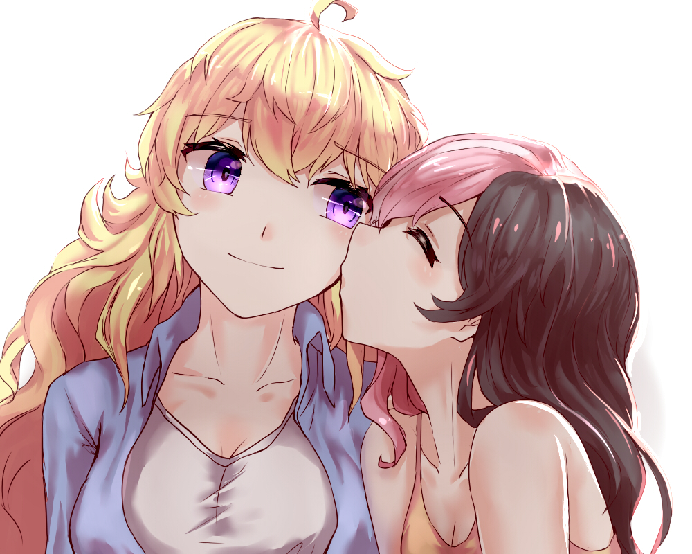 2girls blonde_hair brown_hair cheek_kiss closed_eyes eyebrows_visible_through_hair kiss multicolored_hair multiple_girls neo_(rwby) pink_hair rwby smile tl violet_eyes yang_xiao_long yuri