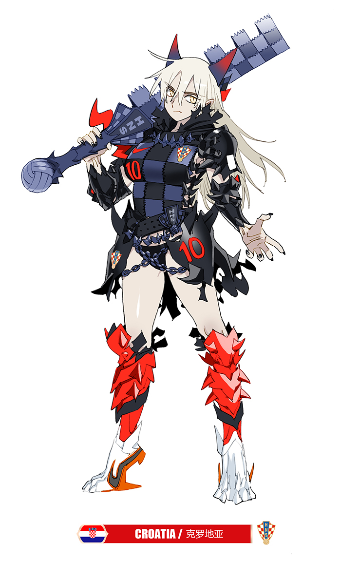 1girl 2018_fifa_world_cup armor armored_boots armored_dress belt black_shirt boots chains checkered checkered_shirt closed_mouth croatia croatian_flag daibajoujisan full_body hair_between_eyes holding holding_weapon horns long_hair nail_polish number original panties personification shirt soccer soccer_uniform solo sportswear standing underwear weapon white_background white_hair world_cup yellow_eyes