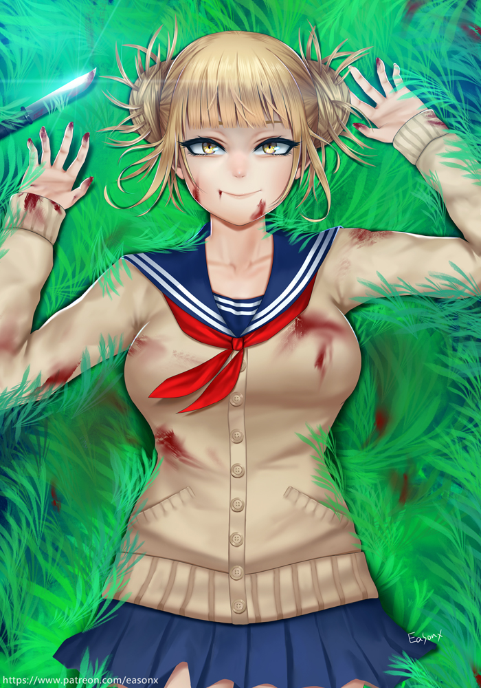 1girl blonde_hair blood blood_stain bloody_clothes bloody_hands boku_no_hero_academia double_bun easonx eyelashes from_above grass hair_bun knife looking_at_viewer lying messy_hair on_back sailor_collar school_uniform skirt smile solo toga_himiko upper_body yellow_eyes