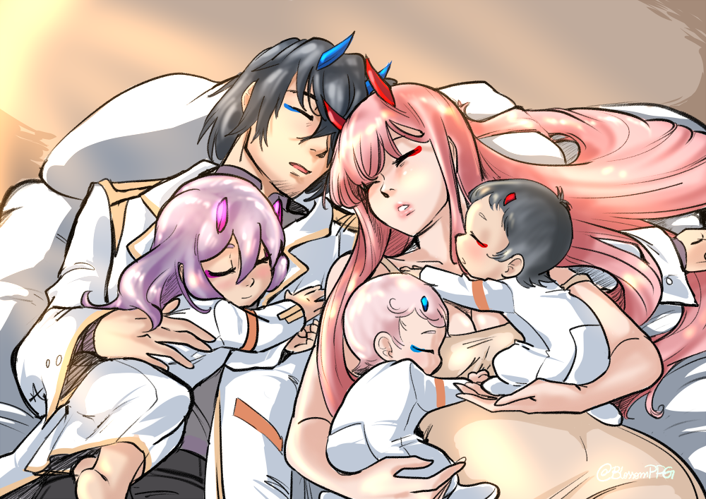 2boys 3girls baby bangs bare_shoulders bed_sheet beige_dress black_hair black_pants blossomppg blue_horns breasts child cleavage closed_eyes coat collarbone commentary couple darling_in_the_franxx dress english_commentary facial_hair goatee grey_shirt hand_on_another's_back hetero hiro_(darling_in_the_franxx) holding horns if_they_mated long_coat long_hair long_sleeves lying lying_on_person medium_breasts military military_uniform multiple_boys multiple_girls on_back oni_horns open_clothes open_coat pants pillow pink_hair purple_hair red_horns shirt short_hair signature sleeping sleeping_on_person sleeveless sleeveless_dress uniform white_coat white_dress zero_two_(darling_in_the_franxx)