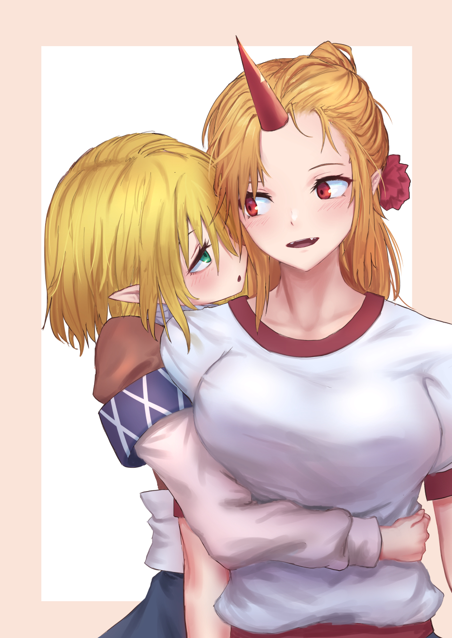 2girls beige_border blonde_hair blue_skirt blush border breasts brown_shirt commentary_request eye_contact fangs flower forehead green_eyes hair_between_eyes hair_flower hair_ornament highres horn hoshiguma_yuugi hug hug_from_behind large_breasts long_hair long_sleeves looking_at_another looking_to_the_side mizuhashi_parsee multiple_girls open_mouth parted_lips pointy_ears red_eyes red_flower roke_(taikodon) sash scarf shirt short_hair short_sleeves simple_background skirt smile touhou upper_body white_background white_sash white_scarf white_shirt yuri