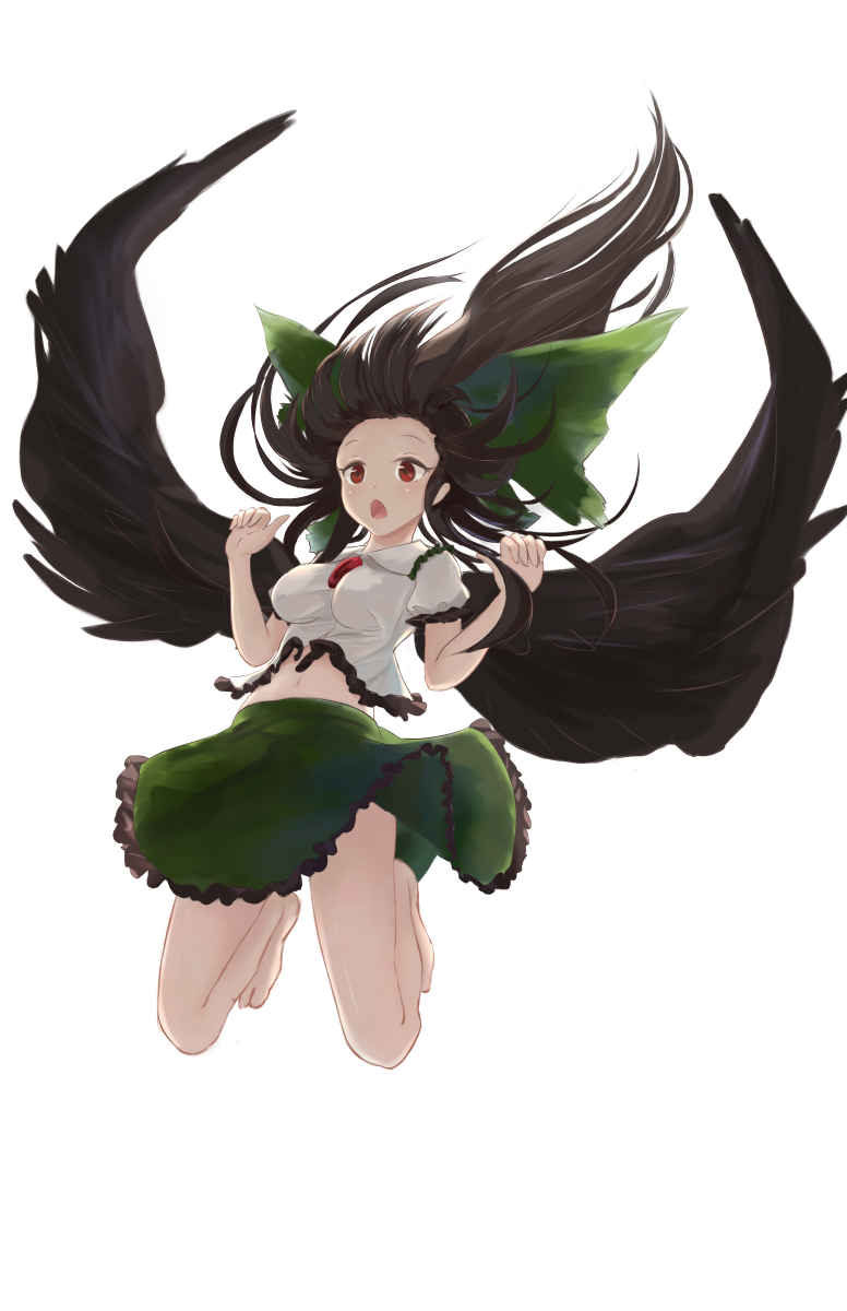 1girl bare_arms bare_legs barefoot black_hair black_wings blouse bow breasts collared_blouse falling floating_hair frilled_blouse frilled_skirt frilled_sleeves frills full_body green_bow green_skirt hair_bow hands_up highres huge_bow impossible_clothes long_hair medium_breasts midair midriff_peek navel open_mouth puffy_short_sleeves puffy_sleeves red_eyes reiuji_utsuho short_sleeves simple_background skirt solo stomach third_eye toes touhou very_long_hair white_background white_blouse wings yukitourou