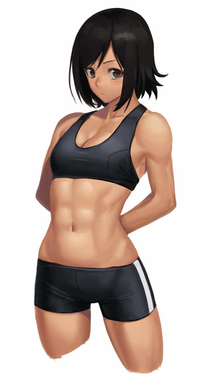 1girl abs arms_behind_back bangs bare_arms bare_shoulders bike_shorts black_bra black_hair black_shorts bra breasts brown_eyes cleavage closed_mouth collarbone commentary_request cowboy_shot cropped_legs highres legs_apart looking_at_viewer navel original ranma_(kamenrideroz) short_hair short_shorts shorts simple_background small_breasts solo sports_bra standing swept_bangs taut_clothes toned underwear white_background