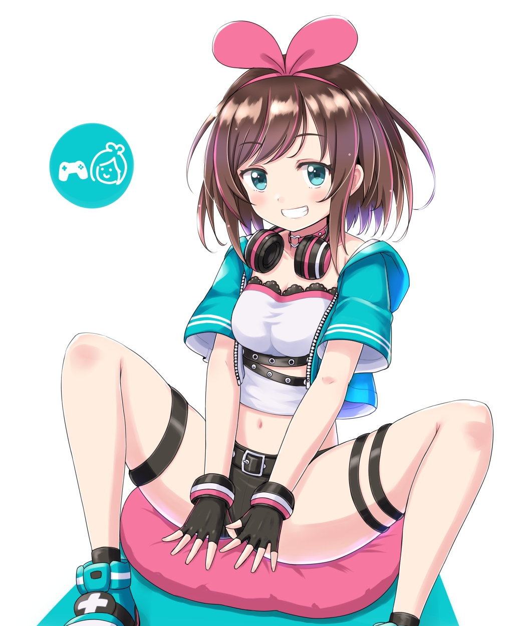 1girl a.i._channel aqua_eyes aqua_jacket bangs belt blush breasts brown_hair choker cleavage commentary_request hairband headphones heart heart_choker highres jacket kizuna_ai looking_at_viewer multicolored_hair navel phantom2071 pillow pink_hair short_hair short_shorts short_sleeves shorts sitting smile spread_legs swept_bangs teeth thigh_strap two-tone_hair virtual_youtuber