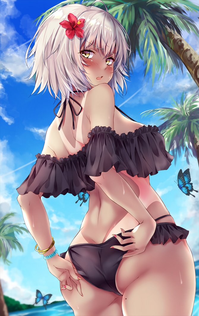 1girl adjusting_clothes adjusting_swimsuit ahoge alternate_costume ass bangle bangs bikini black_bikini blue_sky blush bracelet breasts bug butt_crack butterfly clouds commentary_request cowboy_shot day dutch_angle eyebrows_visible_through_hair fate/grand_order fate_(series) fingernails flower frilled_bikini frills from_behind hair_between_eyes hair_flower hair_ornament insect jeanne_d'arc_(alter)_(fate) jeanne_d'arc_(fate)_(all) jewelry large_breasts looking_at_viewer looking_back marisasu_(marisa0904) mole mole_on_thigh nail_polish ocean off_shoulder open_mouth outdoors palm_tree red_flower red_nails short_hair shoulder_blades sidelocks silver_hair skindentation sky solo swimsuit swimsuit_tan tan tanline thighs tree wet yellow_eyes