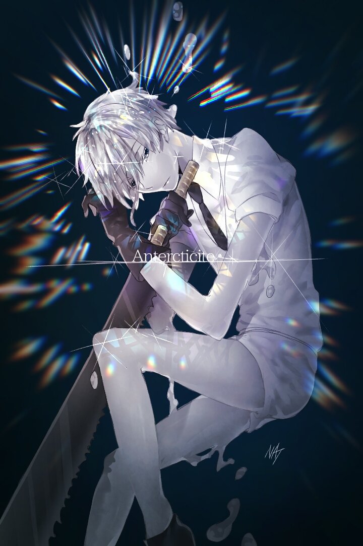 1other androgynous antarcticite character_name colored_eyelashes dripping gem_uniform_(houseki_no_kuni) gloves glowing grey_eyes hair_between_eyes houseki_no_kuni long_bangs looking_at_viewer necktie short_hair signature silver_hair solo sparkle sword weapon white_eyes white_hair