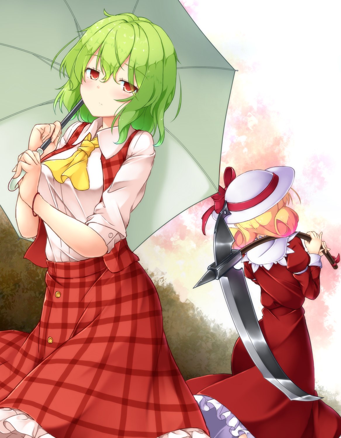 2girls aka_tawashi ascot ass blonde_hair blush bow breasts commentary_request dress elly eyebrows_visible_through_hair feet_out_of_frame from_behind green_hair green_umbrella hair_between_eyes hat hat_bow highres holding holding_scythe holding_umbrella holding_weapon juliet_sleeves kazami_yuuka large_breasts long_sleeves looking_at_viewer multiple_girls over_shoulder petticoat plaid plaid_skirt plaid_vest puffy_sleeves red_bow red_dress red_eyes red_ribbon red_skirt red_vest ribbon scythe shirt short_hair short_sleeves skirt standing touhou touhou_(pc-98) umbrella vest weapon weapon_over_shoulder white_hat white_shirt wing_collar yellow_neckwear