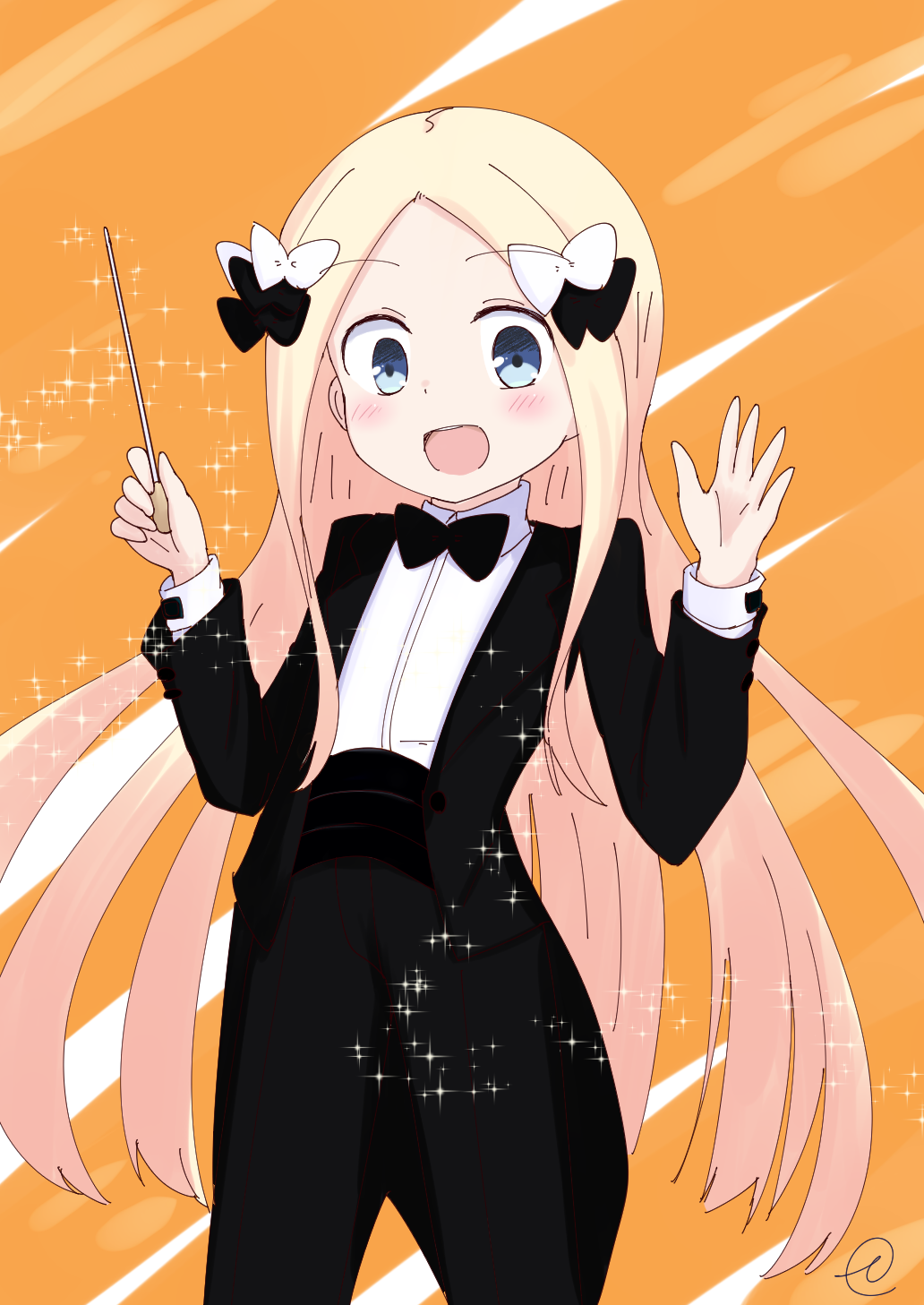 1girl :d abigail_williams_(fate/grand_order) bangs black_bow black_jacket black_neckwear black_pants blonde_hair blue_eyes blush bow bowtie collared_shirt commentary_request cowboy_shot eyebrows_visible_through_hair fate/grand_order fate_(series) forehead formal hair_bow hands_up highres holding jacket kujou_karasuma long_hair long_sleeves looking_at_viewer open_clothes open_jacket open_mouth orange_background pant_suit pants parted_bangs shirt signature smile solo sparkle suit very_long_hair white_bow white_shirt