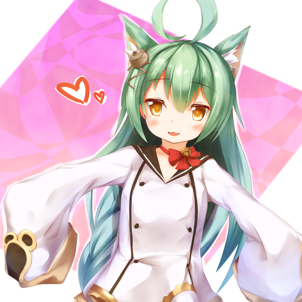 1girl :3 :d ahoge akashi_(azur_lane) animal_ears azur_lane bangs bell black_sailor_collar blush bow braid brown_eyes cat_ears commentary_request dress eyebrows_visible_through_hair green_hair hair_between_eyes hair_ornament heart jingle_bell long_hair long_sleeves looking_at_viewer matamataro mole mole_under_eye open_mouth outstretched_arms red_bow sailor_collar sailor_dress sleeves_past_fingers sleeves_past_wrists smile solo very_long_hair white_dress