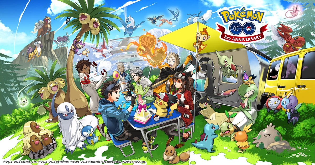 anniversary blanche_(pokemon) candela_(pokemon) female_protagonist_(pokemon_go) kozaki_yuusuke male_protagonist_(pokemon_go) official_art pokemon pokemon_(creature) pokemon_go spark_(pokemon)