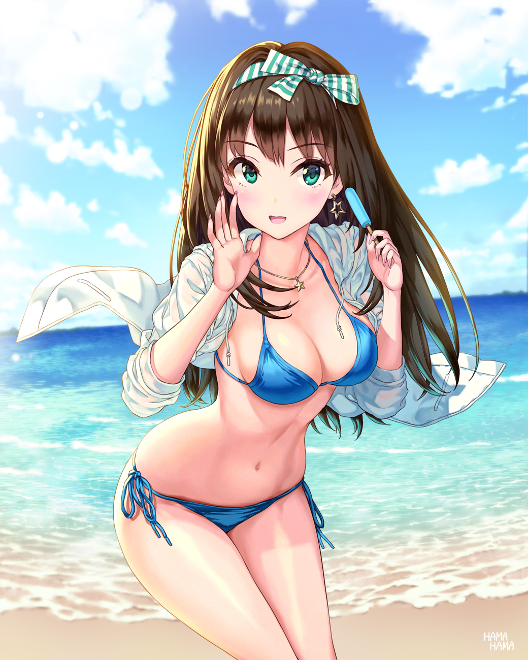 1girl bangs beach bikini blue_bikini blue_sky blush bow breasts brown_hair cleavage clouds collarbone commentary_request day earrings eyebrows_visible_through_hair fingernails food green_eyes hair_bow hhama highres holding hood hoodie idolmaster idolmaster_cinderella_girls jewelry leaning_forward long_fingernails long_hair long_sleeves medium_breasts navel necklace ocean open_clothes open_hoodie open_mouth outdoors popsicle sand shibuya_rin side-tie_bikini signature sky sleeves_rolled_up smile solo standing star star_earrings star_necklace swimsuit water
