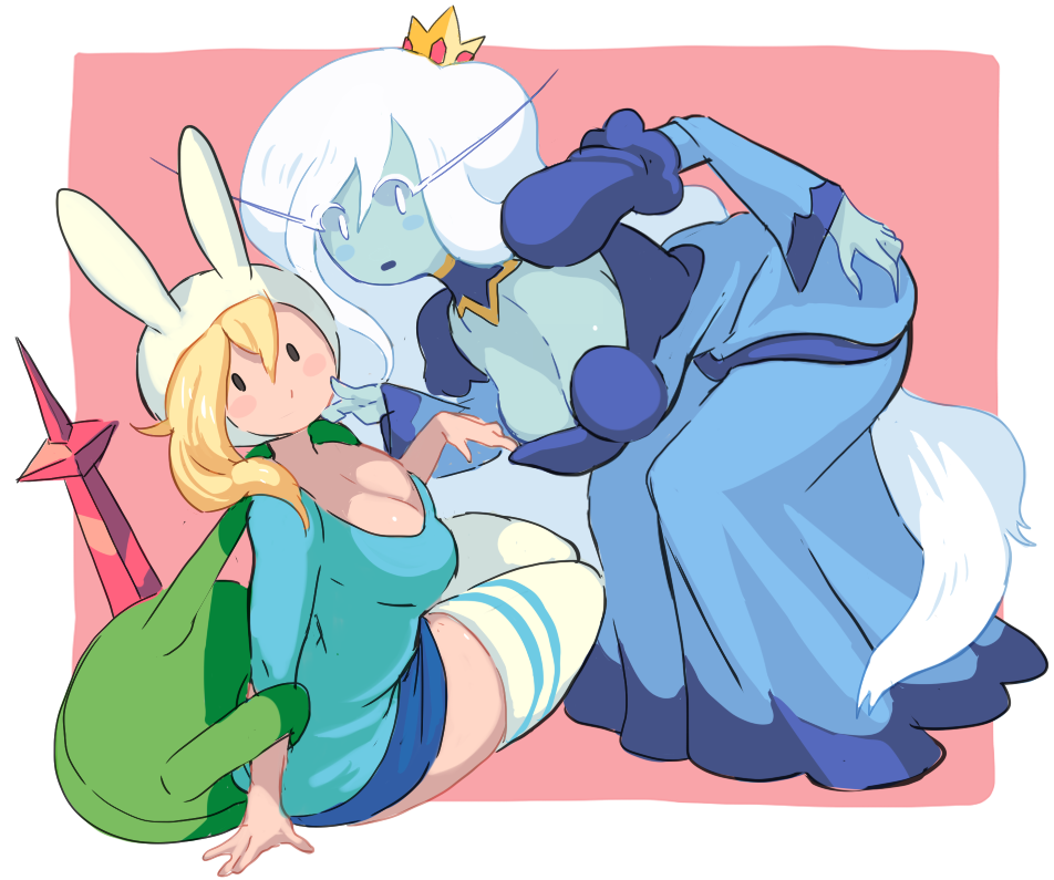 2girls adventure_time animal_ears animal_hood assisted_exposure backpack bag blonde_hair blue_dress blue_skin blue_skirt blush breasts cleavage crown dress eyebrows fionna_the_human_girl gashi-gashi genderswap genderswap_(mtf) hand_on_own_ass hood ice_queen juliet_sleeves large_breasts long_hair long_sleeves looking_at_viewer multiple_girls pink_background puffy_sleeves pulled_by_another rabbit_ears skirt sword thigh-highs very_long_hair weapon white_background white_hair wide_sleeves zettai_ryouiki