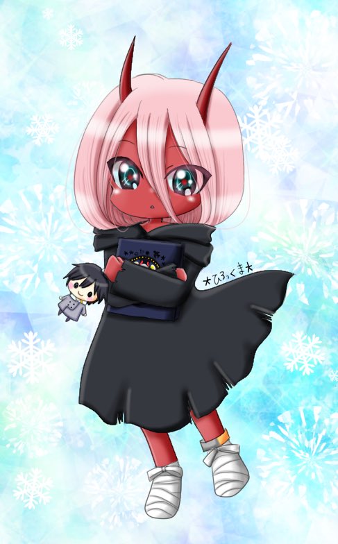 1girl bandage black_cloak book cloak darling_in_the_franxx doll eyebrows_visible_through_hair eyes_visible_through_hair green_eyes hiro_(darling_in_the_franxx) holding holding_book holding_doll hood hooded_cloak horns long_hair looking_at_another oni_horns parka pink_hair red_horns red_pupils red_skin rirakkumakaito solo younger zero_two_(darling_in_the_franxx)