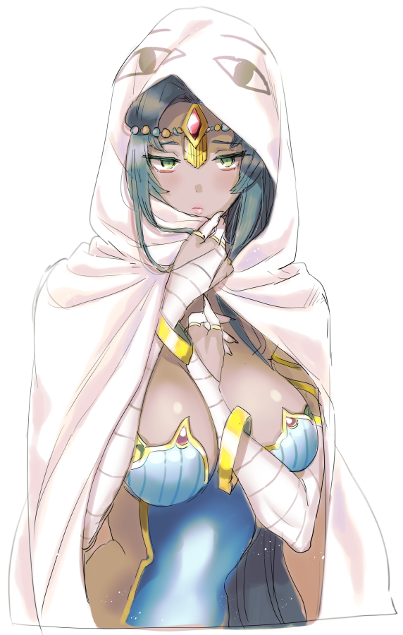 &lt;o&gt;_&lt;o&gt; 1girl arm_wrap armlet bandage bandaged_arm bandages bangs black_hair blanket blue_armor blush bracelet breastplate breasts bridal_gauntlets circlet cleavage cosplay dark_skin fate/grand_order fate_(series) forehead_jewel green_eyes hand_on_own_chest hood jewelry large_breasts long_hair looking_at_viewer medjed medjed_(cosplay) parted_bangs ring scheherazade_(fate/grand_order) simple_background solo thumb_ring very_long_hair waist wani_(mezo) white_background