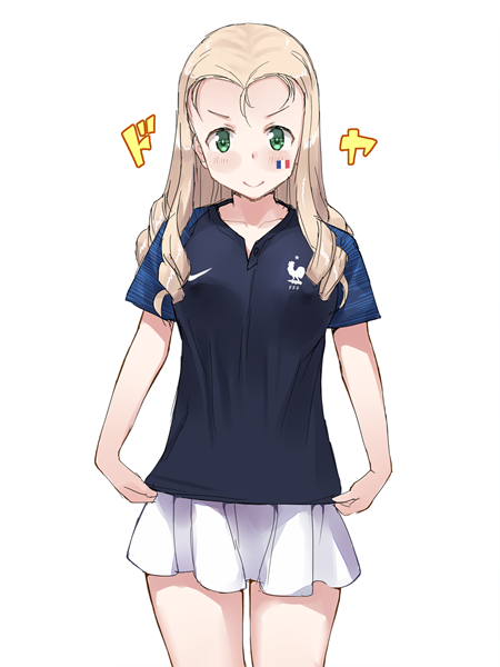 1girl 2018_fifa_world_cup blonde_hair blue_shirt closed_mouth commentary cowboy_shot drill_hair facepaint french_flag girls_und_panzer green_eyes katatsuka_kouji long_hair looking_at_viewer marie_(girls_und_panzer) miniskirt nike shirt shirt_tug short_sleeves simple_background skirt smile smug solo standing v-shaped_eyebrows white_background white_skirt world_cup