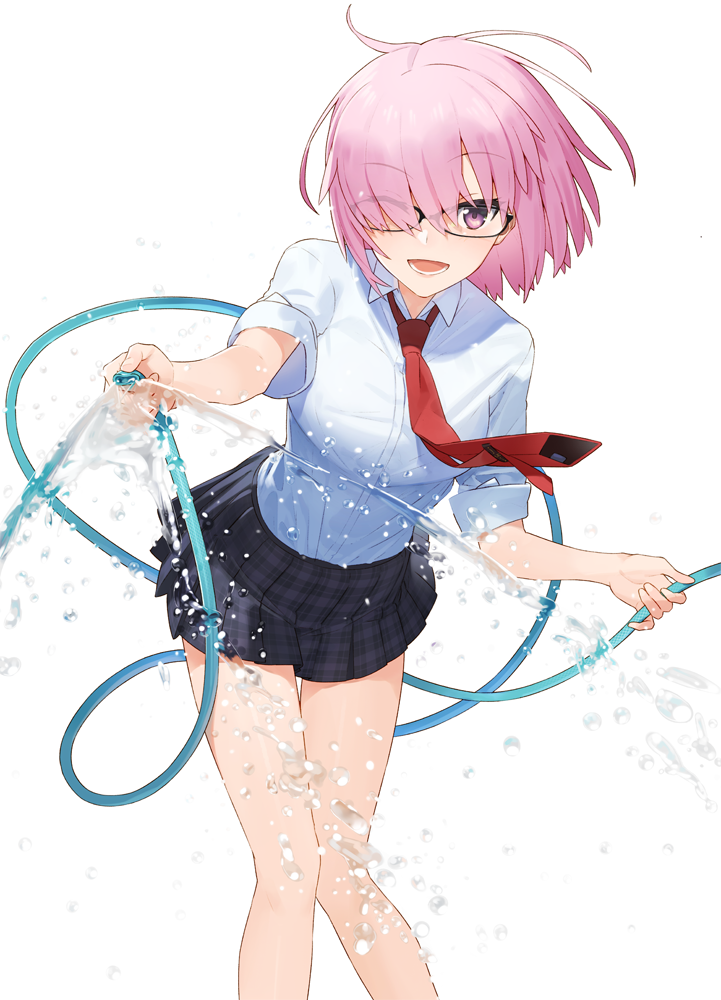 1girl ;d alternate_costume bangs black-framed_eyewear black_skirt blush bra_through_clothes collared_shirt commentary_request eyebrows_visible_through_hair fate/grand_order fate_(series) glasses hair_over_one_eye hayashi_kewi holding holding_hose hose hose_reel looking_at_viewer mash_kyrielight miniskirt necktie one_eye_closed open_mouth plaid plaid_skirt pleated_skirt purple_hair red_neckwear shirt short_hair short_sleeves simple_background skirt smile solo spraying violet_eyes water white_background white_shirt