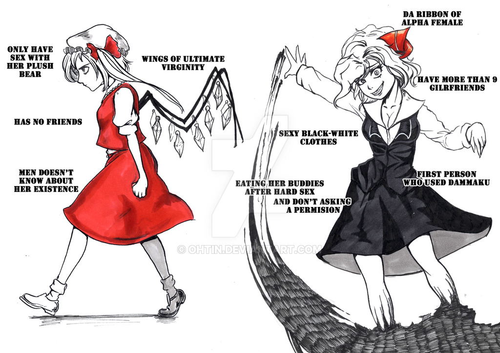 2girls angry black_dress commentary dress english engrish evil_smile flandre_scarlet hat looking_at_viewer meme monochrome multiple_girls ranguage red_dress rumia rumiak sharp_teeth smile teeth touhou virgin_vs_chad walking wings