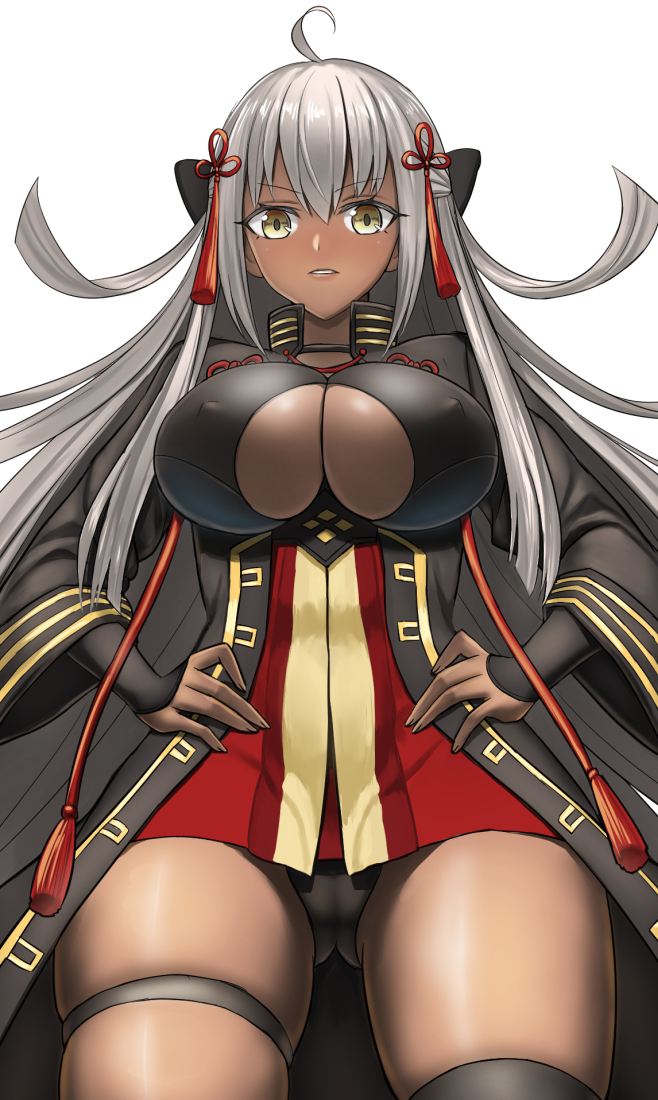 1girl ahoge arisku black_bow black_coat bow breasts cleavage_cutout dark_skin erect_nipples fate/grand_order fate_(series) hair_between_eyes koha-ace large_breasts long_hair okita_souji_(alter)_(fate) okita_souji_(fate)_(all) open_mouth red_scarf scarf solo tassel thigh_strap white_hair yellow_eyes