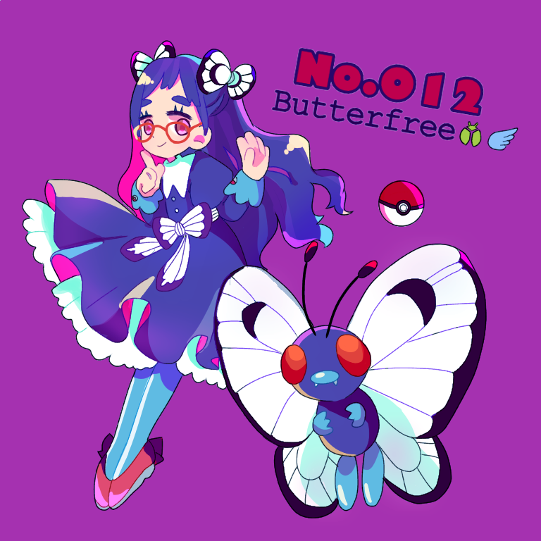 1girl black_dress butterfly butterfree character_name dress english full_body gen_1_pokemon glasses hand_up long_hair long_sleeves looking_at_viewer mameeekueya moemon personification poke_ball pokemon pokemon_(creature) pokemon_number purple_background purple_hair red_eyes red_footwear shoes simple_background smile standing