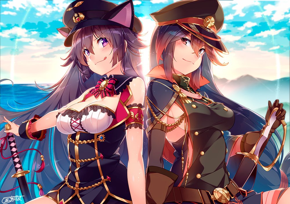 2girls animal_ears belt black_hair breasts brown_gloves cat_ears cuff_links fake_animal_ears formation_girls gloves grin hat holding holding_sword holding_weapon kabou_yomi kasagi_mimi katana kokka_han large_breasts long_hair looking_at_viewer military military_hat military_uniform multiple_girls official_art peaked_cap purple_hair red_eyes sheath sheathed shirt sideboob signature sleeveless sleeveless_shirt smile sword tongue tongue_out uniform upper_body violet_eyes weapon