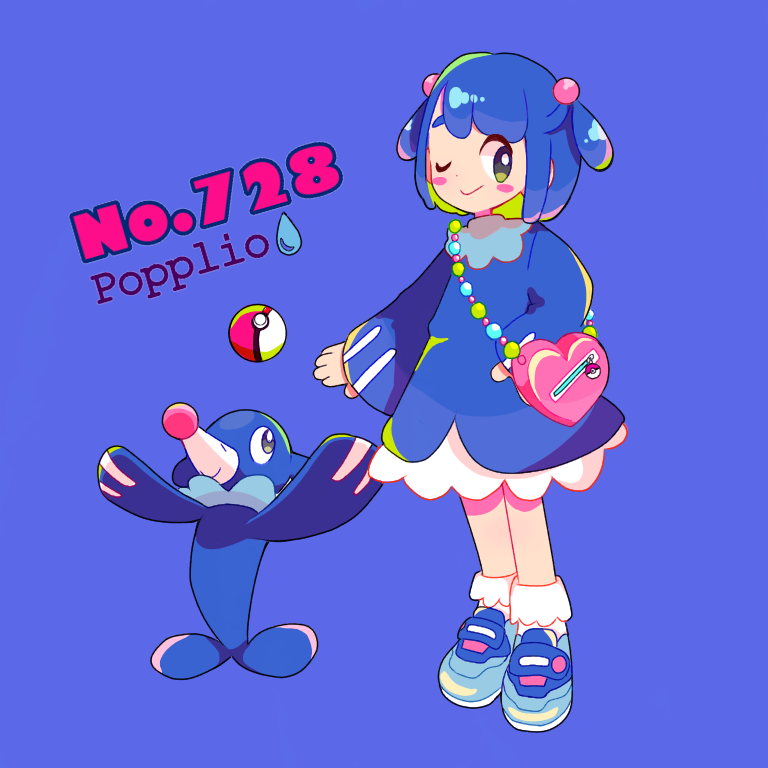 1girl blue_background blue_dress blue_hair blush_stickers character_name dress english gen_7_pokemon heart heart-shaped_bag long_sleeves looking_to_the_side mameeekueya medium_hair moemon one_eye_closed personification poke_ball pokemon pokemon_(creature) pokemon_number popplio shoes simple_background standing wide_sleeves