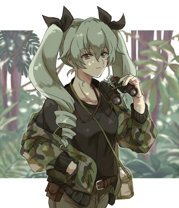 1girl alpachiiino anchovy bag bangs belt_pouch binoculars black_ribbon black_shirt brown_belt brown_pants camouflage_jacket carrying closed_mouth commentary dappled_sunlight day drill_hair eyebrows_visible_through_hair girls_und_panzer green_hair hair_ribbon hand_in_pocket holding holding_binoculars jacket letterboxed long_hair long_sleeves open_clothes open_jacket outdoors pants pouch red_eyes ribbon satchel shirt smile solo standing sunlight twin_drills twintails upper_body