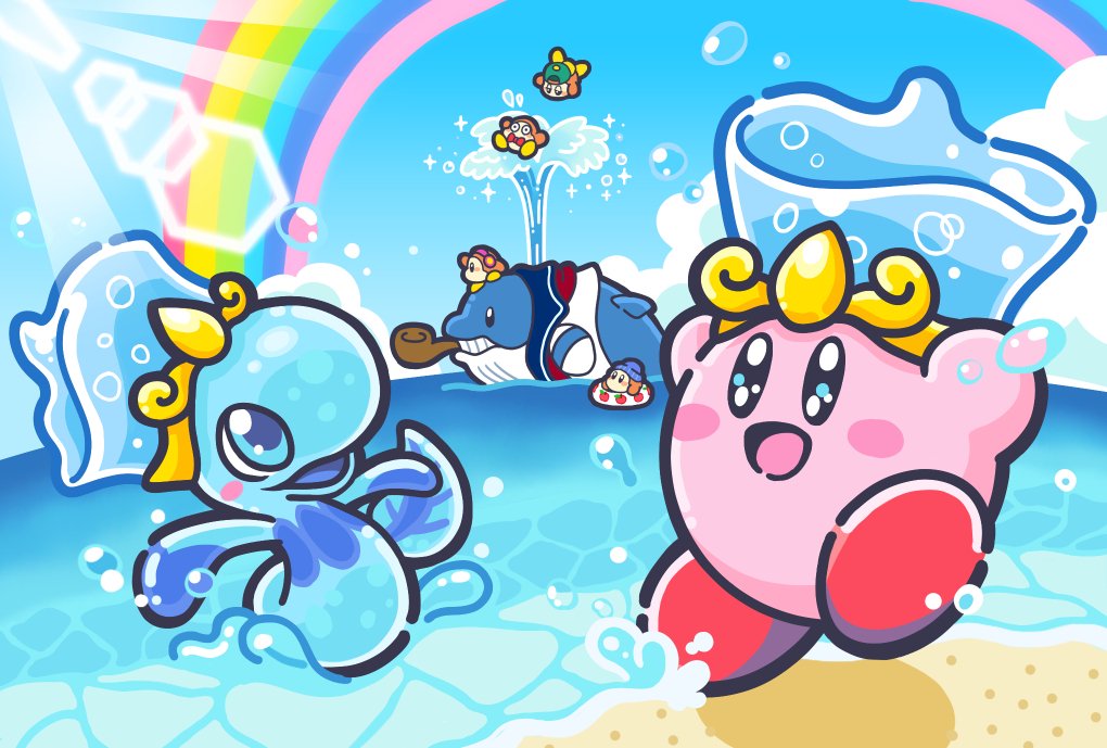 6+others apple_print beach beanie blush_stickers clouds commentary_request copy_ability driblee fatty_whale fruit_print hal_laboratory_inc. hat headphones hoshi_no_kirby hoshi_no_kirby_super_deluxe innertube kirby kirby:_star_allies kirby_(series) kirby_super_star lens_flare nintendo no_humans ocean official_art rainbow smile swimming waddle_dee whale