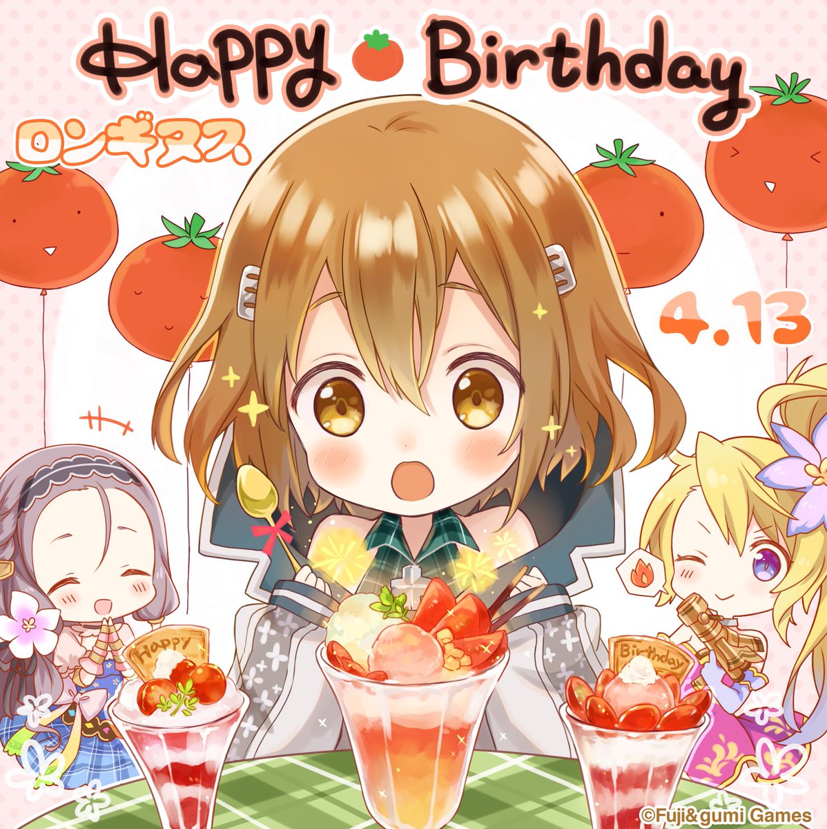 3girls artist_request balloon blonde_hair blue_eyes blush brown_hair chibi closed_eyes company_name dress flower gun hair_between_eyes hair_flower hair_ornament hairband hairclip happy_birthday highres long_hair longinus_(phantom_of_the_kill) megiddo_(phantom_of_the_kill) multiple_girls official_art one_eye_closed open_mouth parfait phantom_of_the_kill rhongomyniad_(phantom_of_the_kill) short_hair silver_hair smile spoon tomato weapon yellow_eyes