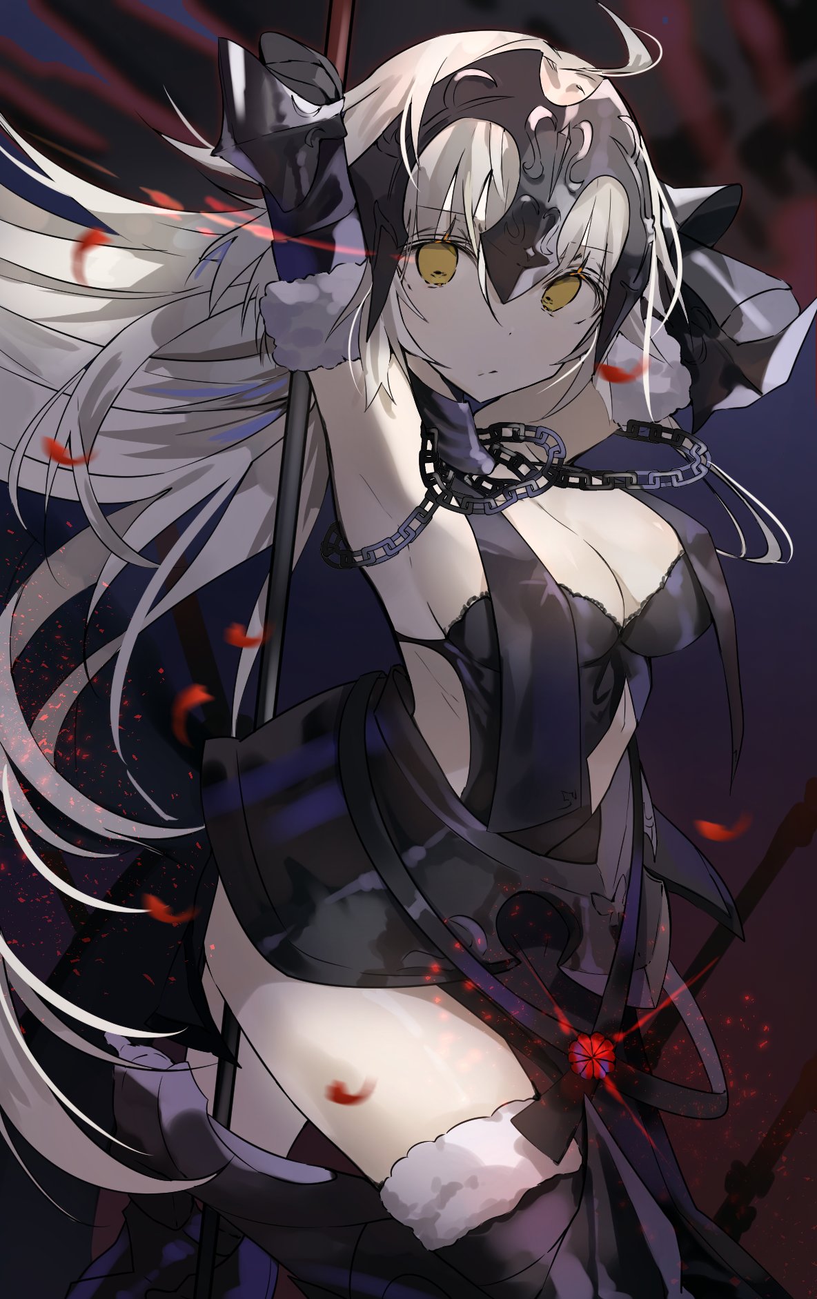 1girl ahoge armpits arms_behind_back breasts chains cleavage fate/grand_order fate_(series) fur-trimmed_legwear fur_trim hair_between_eyes headpiece highres jeanne_d'arc_(alter)_(fate) jeanne_d'arc_(fate)_(all) long_hair looking_at_viewer medium_breasts petals rose_petals sideboob solo standing standing_on_one_leg thigh-highs thighs very_long_hair white_hair yellow_eyes yuuko_(030_yuko)
