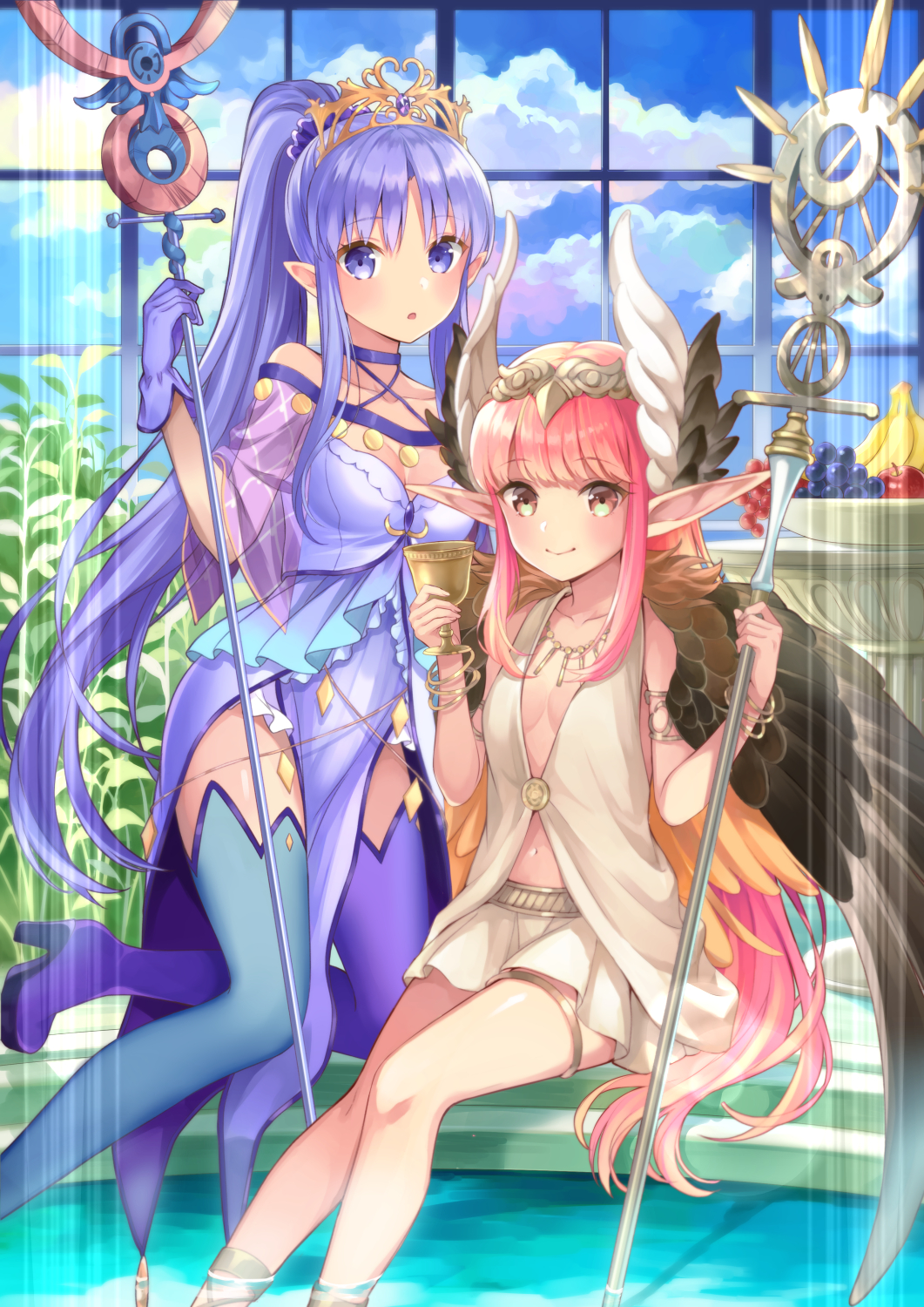 2girls :o blue_eyes blue_hair boots breasts brown_eyes caster_lily circe_(fate/grand_order) commentary_request cup fate/grand_order fate_(series) gloves highres long_hair looking_at_viewer mismatched_footwear multiple_girls pink_hair pixiv_fate/grand_order_contest_2 pointy_ears ponytail skirt small_breasts staff thigh-highs thigh_boots wings yumesaki